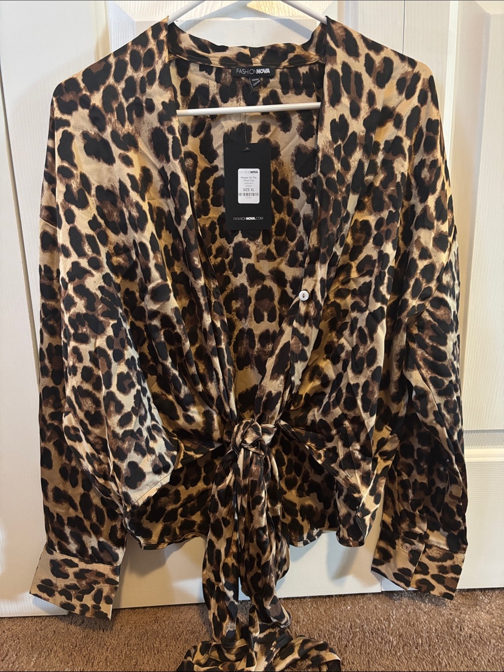 Fashion Nova Leopard Print Satin Tie-Front top in Brown & Black